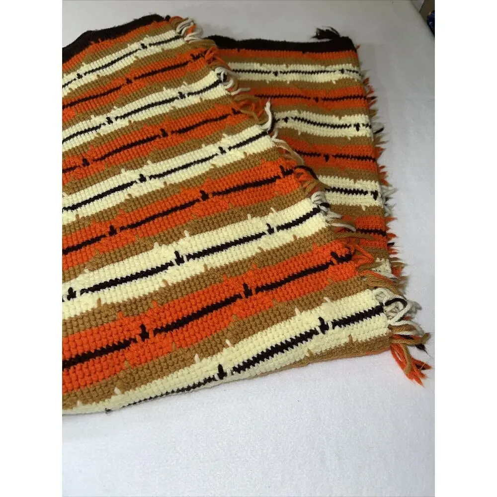 Vintage Crocheted Afghan Throw Orange Brown 70s MCM‎ Fringe Textured 70” x 58”